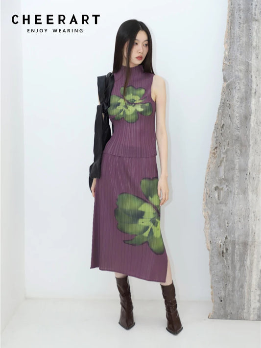 CHEERART Pleated Floral Summer Outfits For Women 2023 Purple Long Skirt And Sleeveless Top 2 Piece Set Fashion Designer Clothes