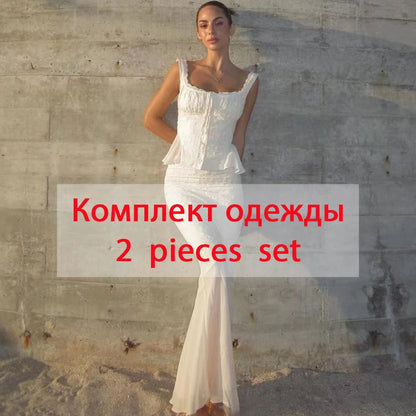 Minigmingxi 2024 New in Summer 2 Piece Dress Set Elegant and Beautiful Dresses Set Beige Long Matching Set Sexy Mermaid Skirt