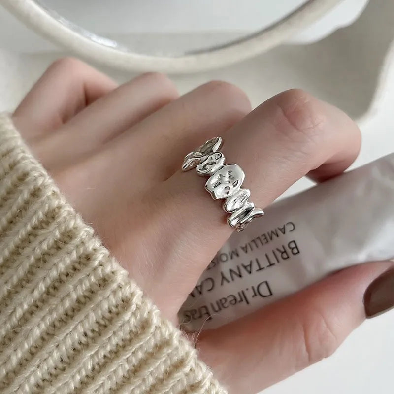 VENTFILLE 925 Sterling Silver Rings INS Fashion Hip Hop Vintage Couples Hollow Lines Punk Thai Silver Party Adjustable  Jewelry
