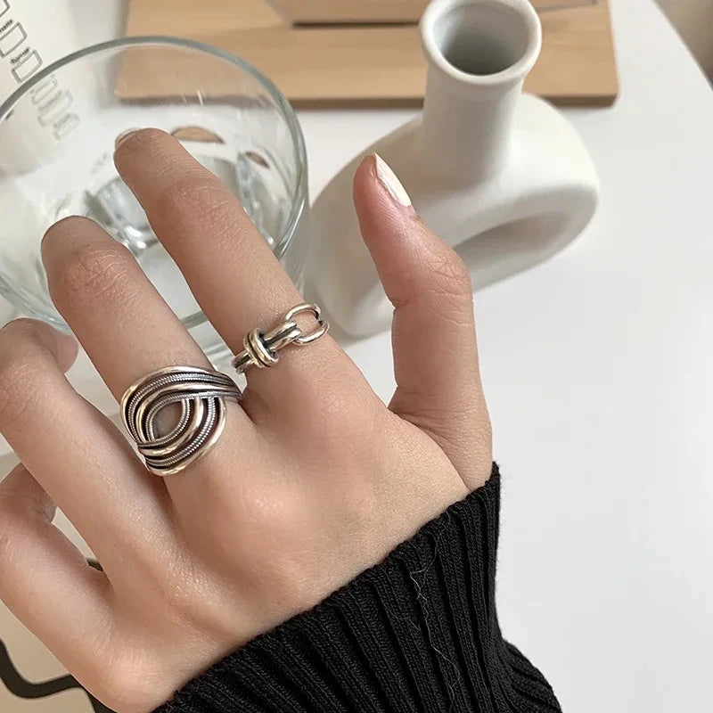 VENTFILLE 925 Sterling Silver Rings INS Fashion Hip Hop Vintage Couples Hollow Lines Punk Thai Silver Party Adjustable  Jewelry