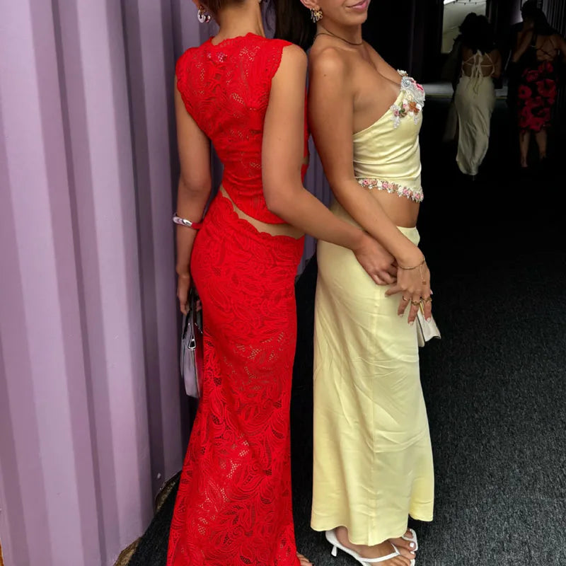 Red Sexy Hook Flower Hollow Lace Set Two Piece Crew Neck Crop Top and Fishtail Skirt Woman Outfit Spring Summer Slim Ladies Suit
