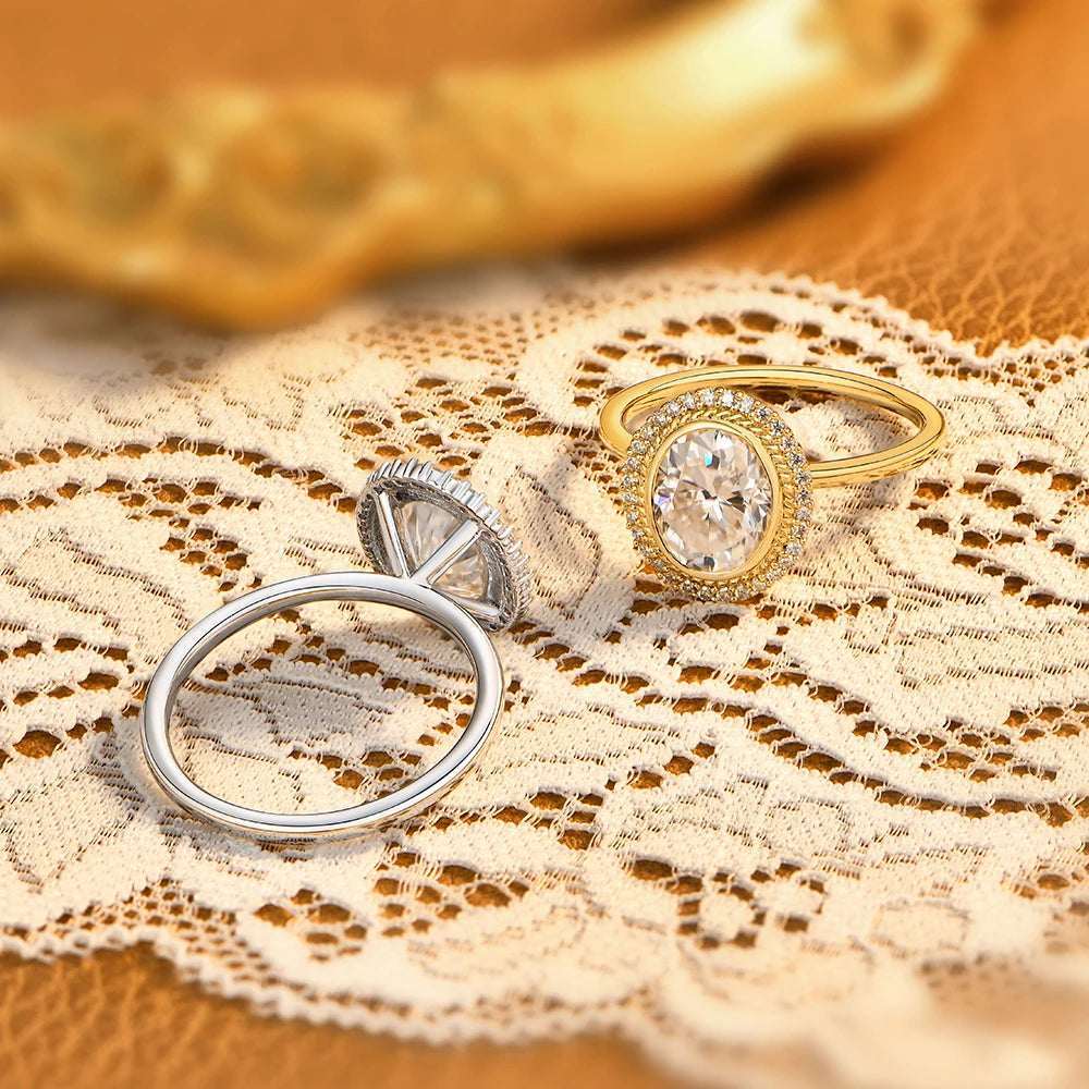 ATTAGEMS Oval Cut 2.0CT Moissanite Halo Engagement Ring for Women D VVS1 925 Silver 18K Gold Plated Luxury Band Wedding Jewelry