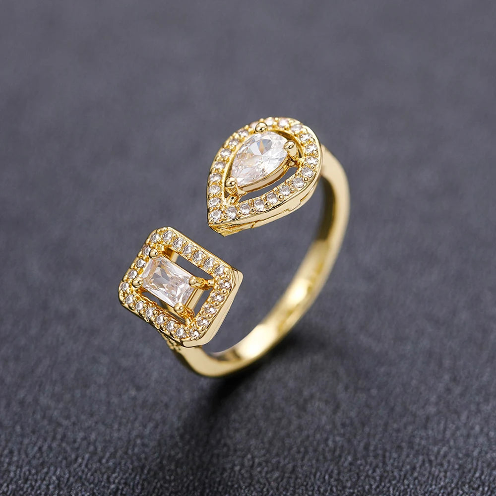 Huitan Geometric Shaped Cuff Opening Rings for Women Silver Color/Gold Color Noble Cubic Zirconia Ring Accessory Fashion Jewelry