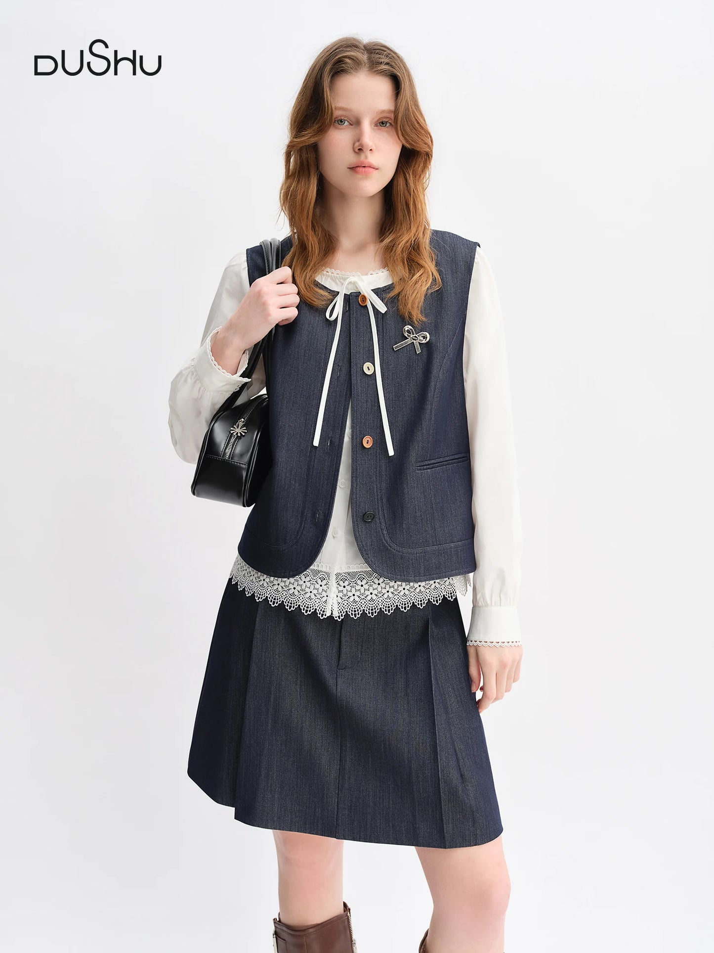 DUSHU Nordic Style Fashion Denim Suit Women Autumn 2025 New Long and Short Vest Skirt Vintage Clothing Ins Dresses 25DS83108