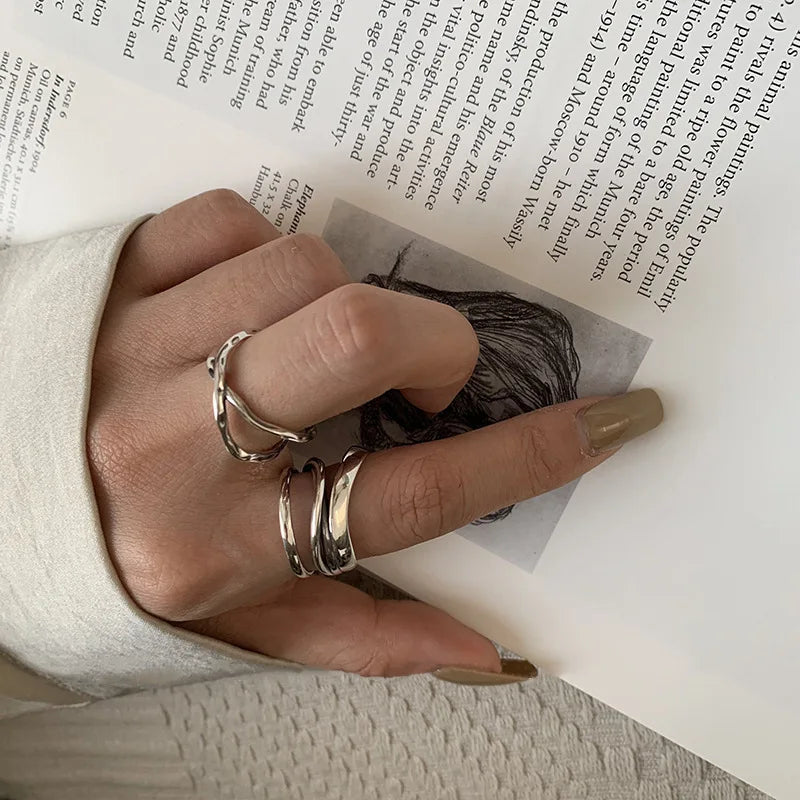 VENTFILLE 925 Sterling Silver Rings INS Fashion Hip Hop Vintage Couples Hollow Lines Punk Thai Silver Party Adjustable  Jewelry