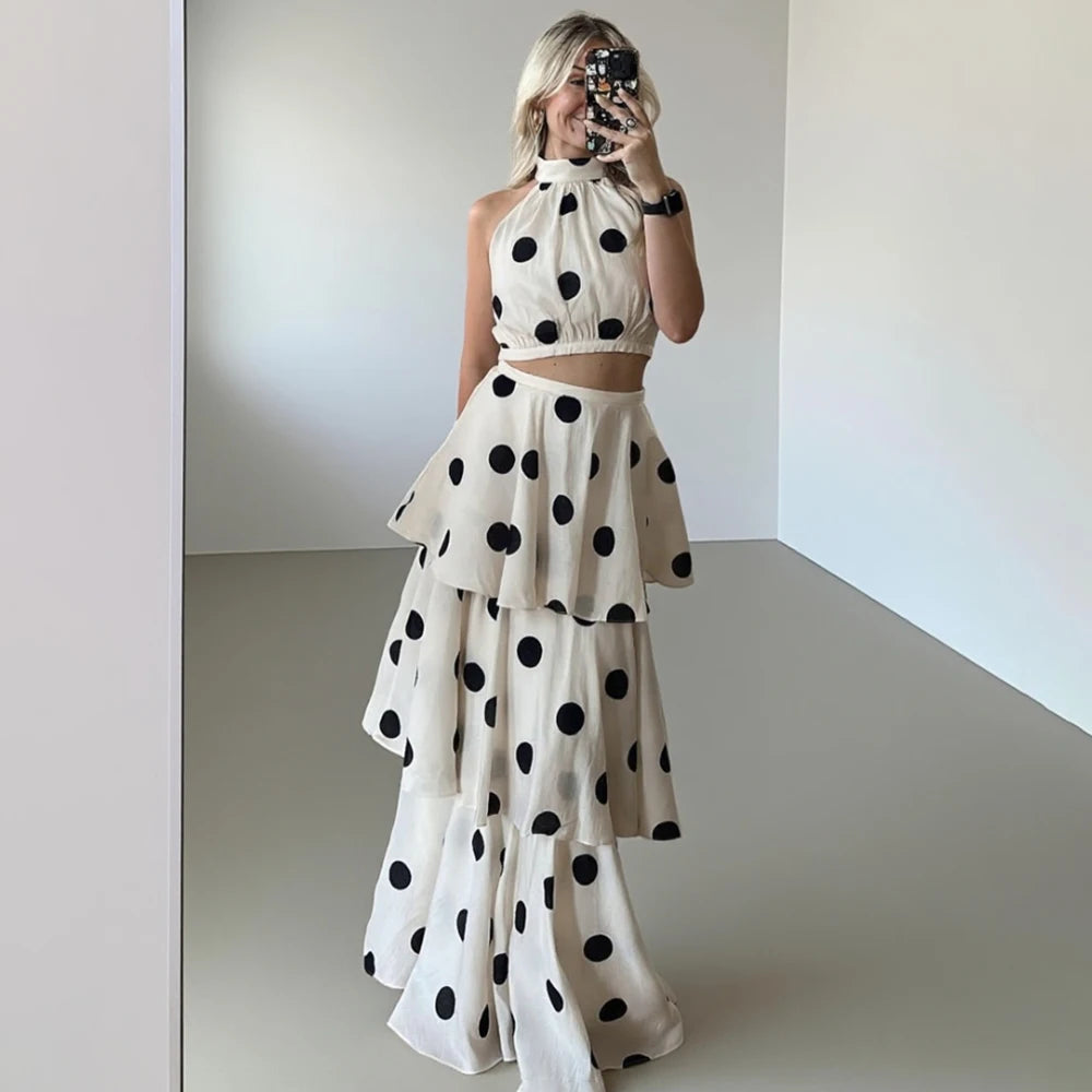 Tuularose Women Long Dress 2 Piece Elegant Polka Dot Sleeveless Top Ruffle Pleated Dress Set Luxury Party Sexy Female Dress Set
