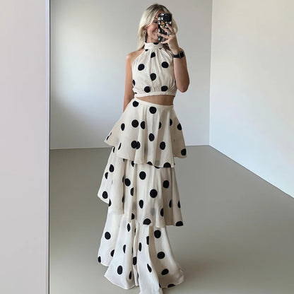 Tuularose Women Long Dress 2 Piece Elegant Polka Dot Sleeveless Top Ruffle Pleated Dress Set Luxury Party Sexy Female Dress Set