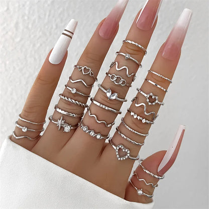 New Fashion Boho Geometric Pearl Knuckle Rings Set for Women Gold Silver Color Wave Leaf Zircon Heart Ring Party Jewelry Gift