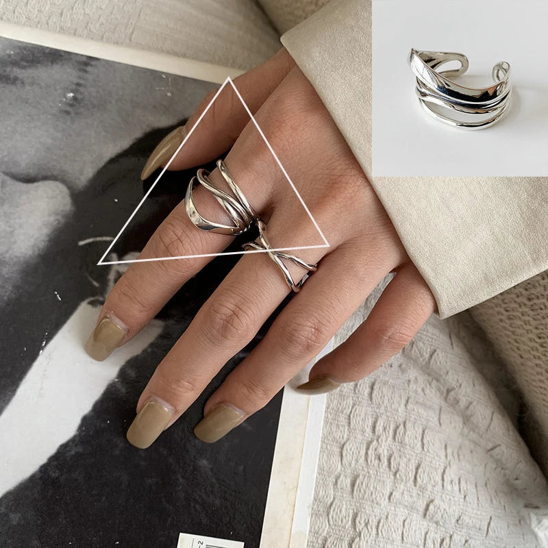 VENTFILLE 925 Sterling Silver Rings INS Fashion Hip Hop Vintage Couples Hollow Lines Punk Thai Silver Party Adjustable  Jewelry