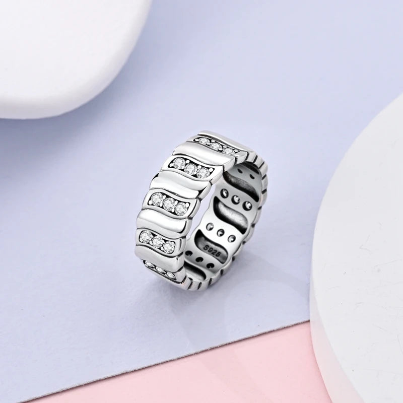 Original 925 Silver Sparkling Zircon Ring Stackable Classic Shine Stone Round Rings For Women Wedding Anniversary Jewelry Gift