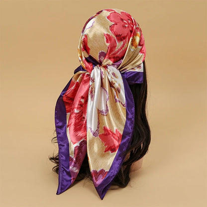 Satin Square Scarf Women Muslim Hijab Elegant 2025 Print Silk Neckerchief Shawl Wraps Headband Handle Hair Accessories Bandana