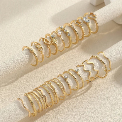 New Fashion Boho Geometric Pearl Knuckle Rings Set for Women Gold Silver Color Wave Leaf Zircon Heart Ring Party Jewelry Gift