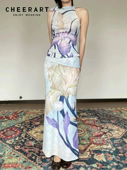 CHEERART Multi-Way Designer Floral 2 Pieces Set For Woman Summer Outfit Vintage Sleeveless Mesh Top And Long Maxi Skirt Sets