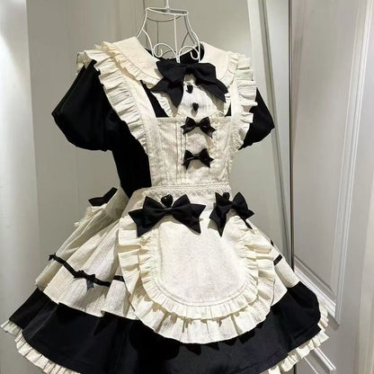 Autumn Japanese Cute Lolita Maid Style Sweet Two-piece Set Women's Puff Sleeve Doll Collar Dress and Bowknot Apron Vintage Set