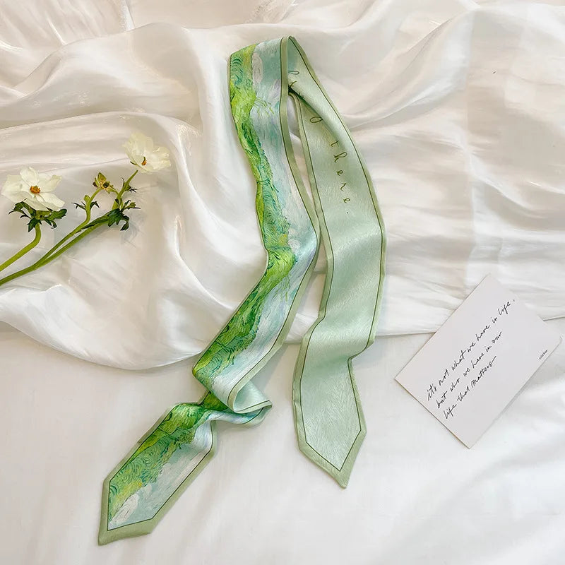 Diaphanous Fashion Headband Exquisite Thin Streamer Bag Strap Spring and Summer Oil Painting Style Small Ribbon Long Scarf Belt