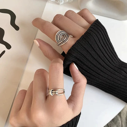 VENTFILLE 925 Sterling Silver Rings INS Fashion Hip Hop Vintage Couples Hollow Lines Punk Thai Silver Party Adjustable  Jewelry