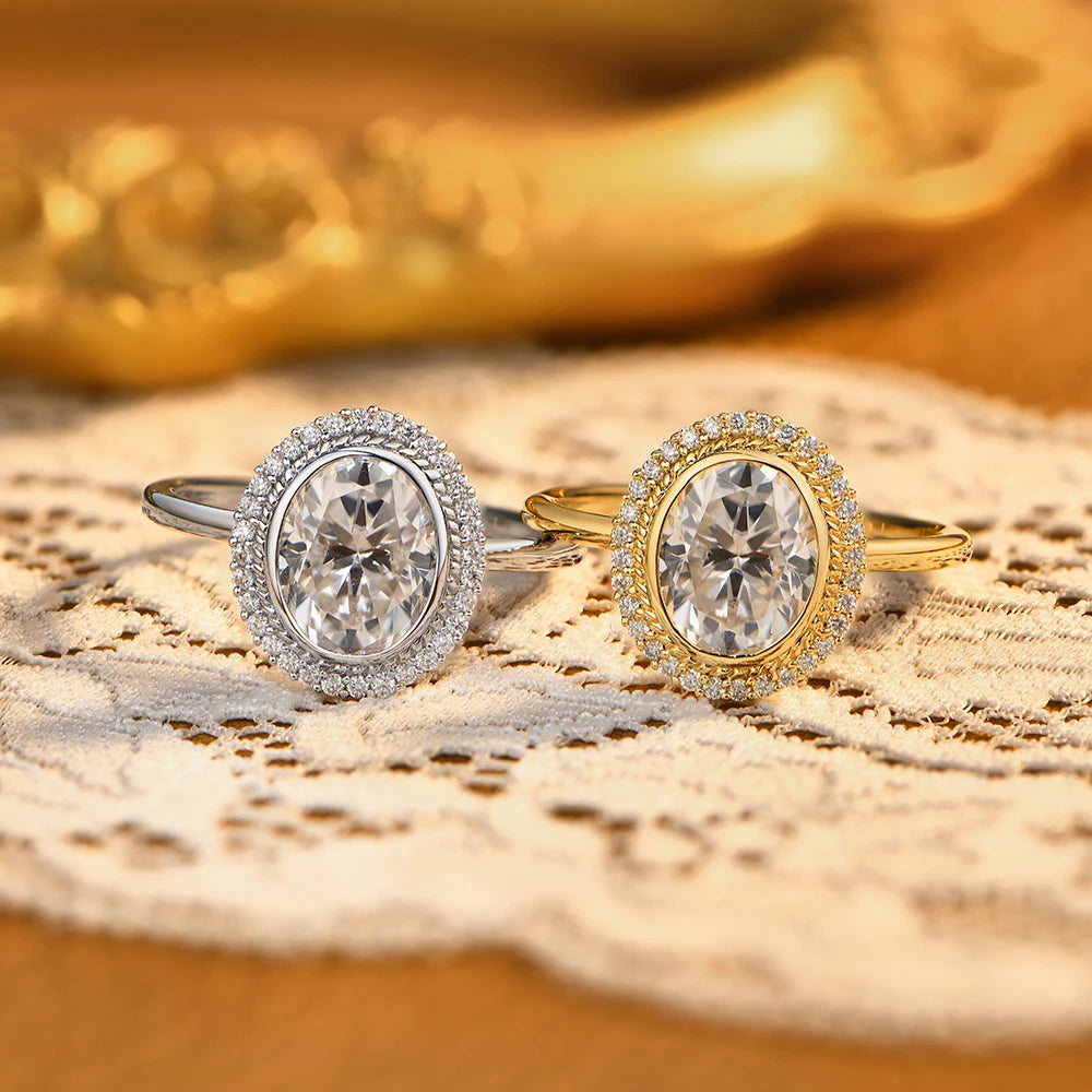 ATTAGEMS Oval Cut 2.0CT Moissanite Halo Engagement Ring for Women D VVS1 925 Silver 18K Gold Plated Luxury Band Wedding Jewelry