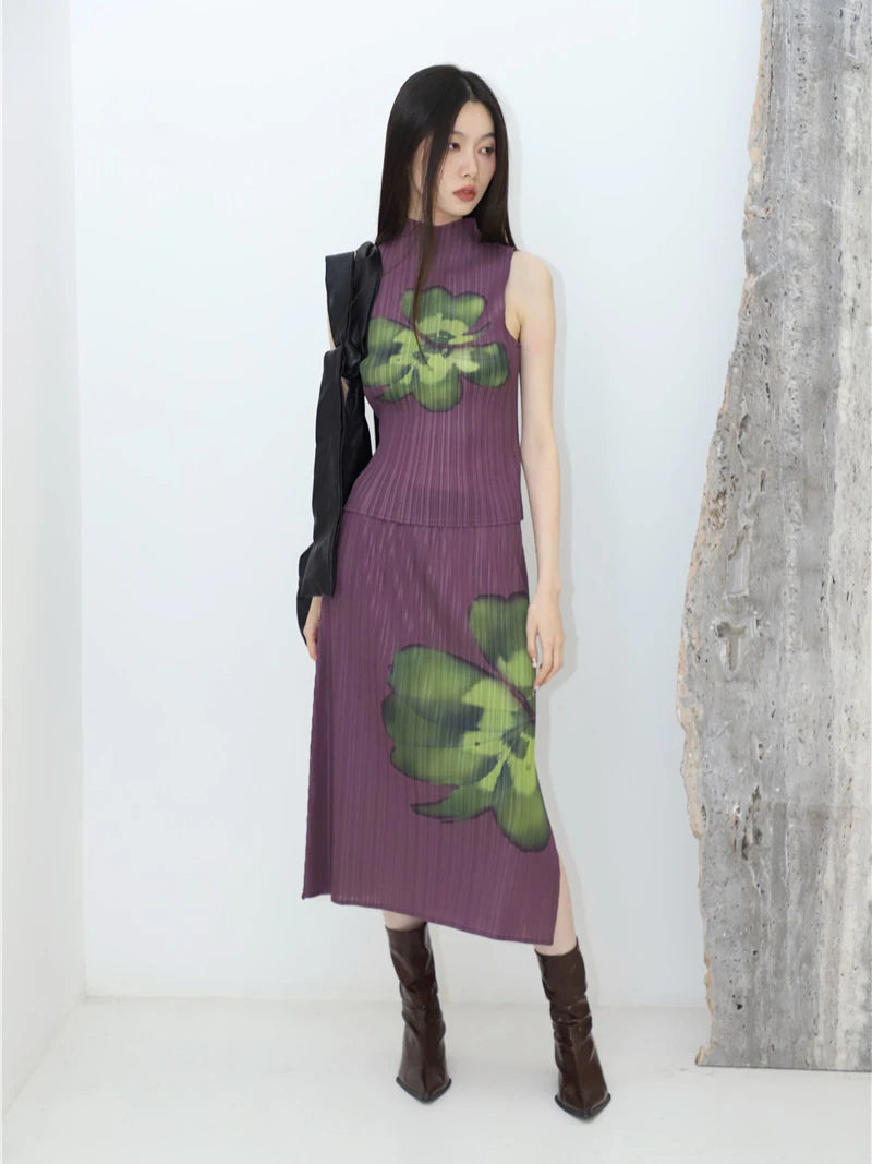 CHEERART Pleated Floral Summer Outfits For Women 2023 Purple Long Skirt And Sleeveless Top 2 Piece Set Fashion Designer Clothes