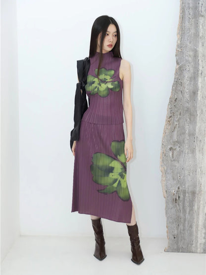 CHEERART Pleated Floral Summer Outfits For Women 2023 Purple Long Skirt And Sleeveless Top 2 Piece Set Fashion Designer Clothes