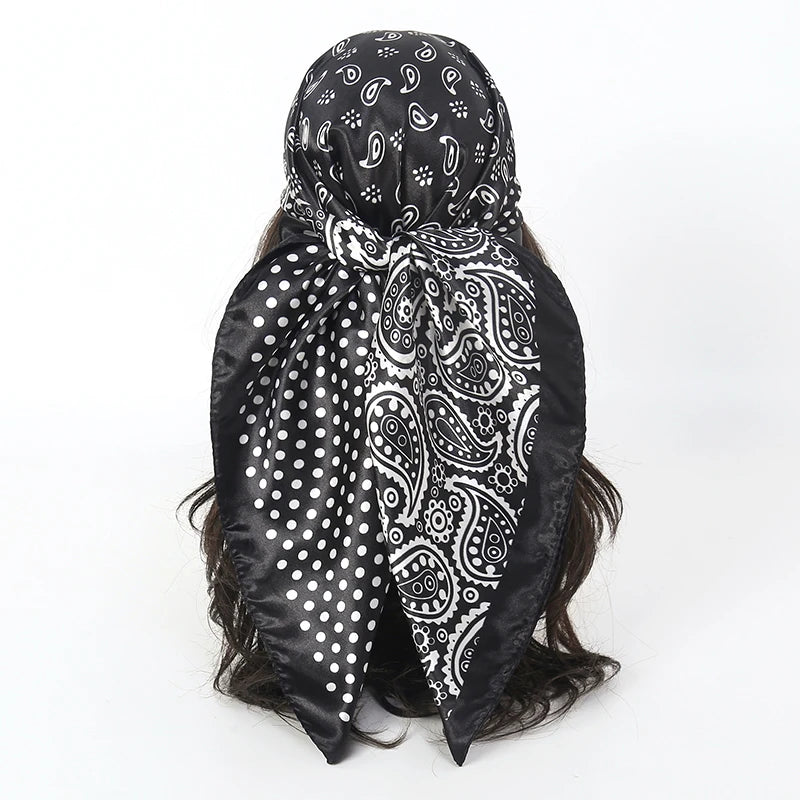 Satin Square Scarf Women Muslim Hijab Elegant 2025 Print Silk Neckerchief Shawl Wraps Headband Handle Hair Accessories Bandana