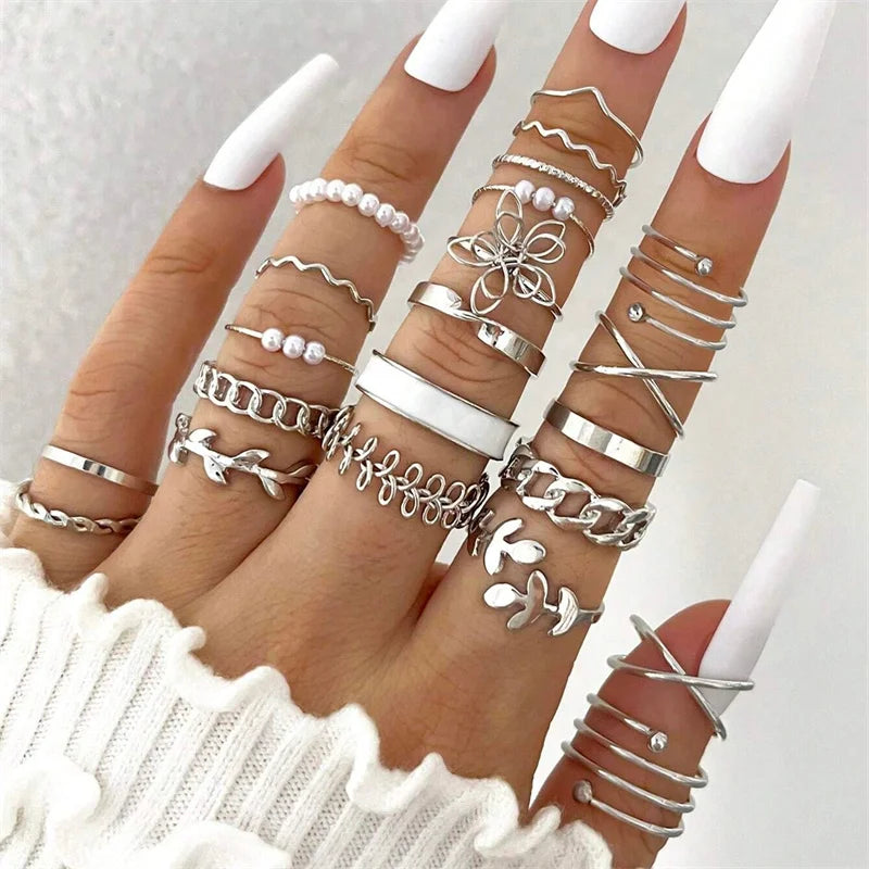 New Fashion Boho Geometric Pearl Knuckle Rings Set for Women Gold Silver Color Wave Leaf Zircon Heart Ring Party Jewelry Gift