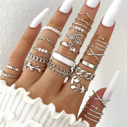 New Fashion Boho Geometric Pearl Knuckle Rings Set for Women Gold Silver Color Wave Leaf Zircon Heart Ring Party Jewelry Gift