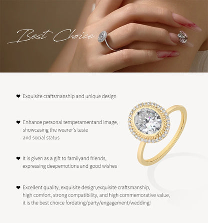 ATTAGEMS Oval Cut 2.0CT Moissanite Halo Engagement Ring for Women D VVS1 925 Silver 18K Gold Plated Luxury Band Wedding Jewelry