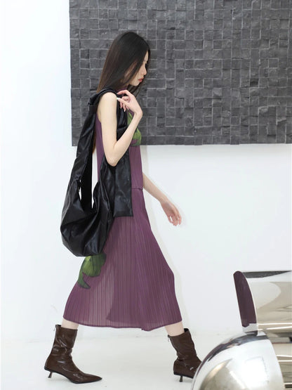 CHEERART Pleated Floral Summer Outfits For Women 2023 Purple Long Skirt And Sleeveless Top 2 Piece Set Fashion Designer Clothes