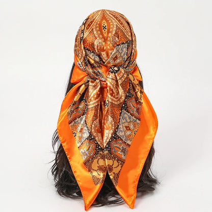 Satin Square Scarf Women Muslim Hijab Elegant 2025 Print Silk Neckerchief Shawl Wraps Headband Handle Hair Accessories Bandana