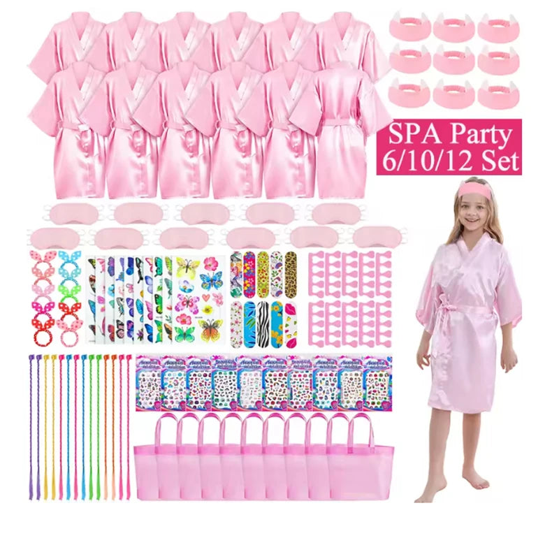 6/10/12 Set Spa Birthday Party Robes Gowns for Girls Kimono Satin Robe Hot Pink Spa Party Favors for Kids Child Birthday Spa Kit