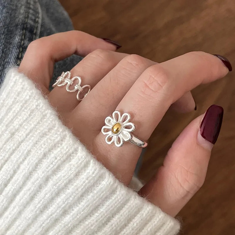 VENTFILLE 925 Sterling Silver Rings INS Fashion Hip Hop Vintage Couples Hollow Lines Punk Thai Silver Party Adjustable  Jewelry