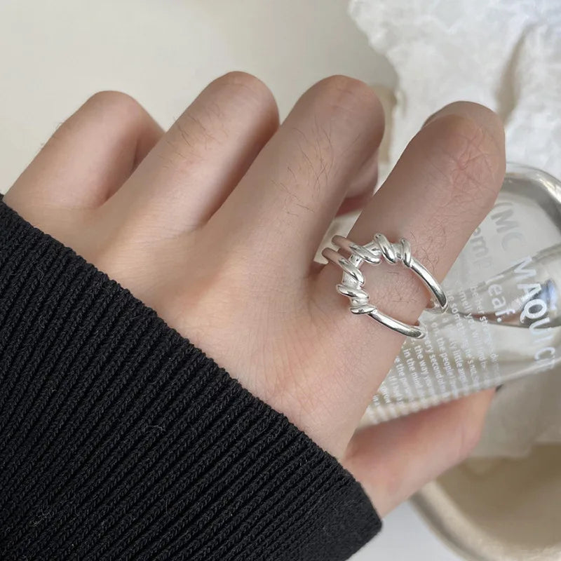 VENTFILLE 925 Sterling Silver Rings INS Fashion Hip Hop Vintage Couples Hollow Lines Punk Thai Silver Party Adjustable  Jewelry