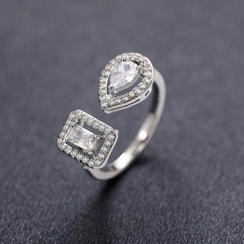 Huitan Geometric Shaped Cuff Opening Rings for Women Silver Color/Gold Color Noble Cubic Zirconia Ring Accessory Fashion Jewelry